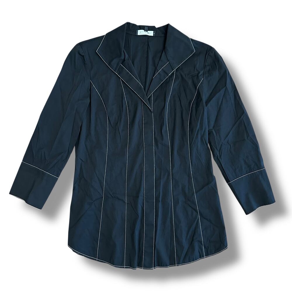 Lafayette 148 New York Black Contrast Stitch‎ Button Front Blouse Women’s 0 XS